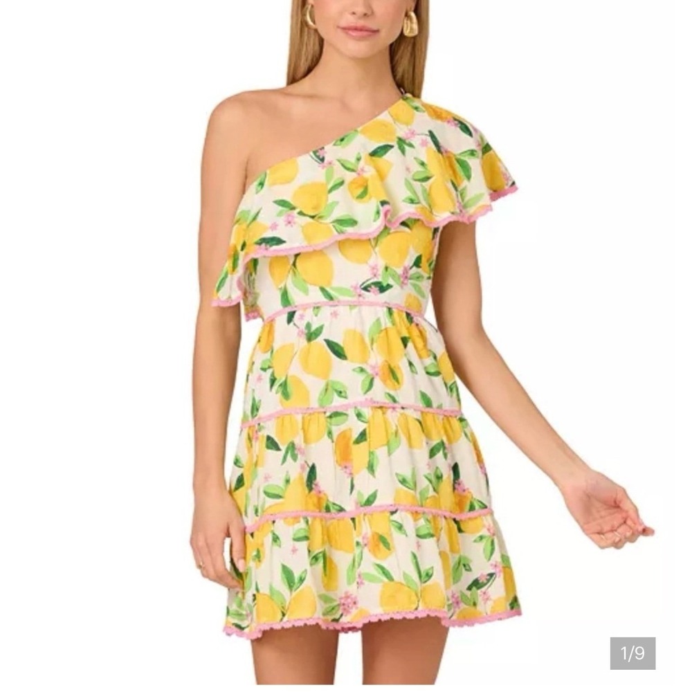 Adrianna Papell Lemon Print One Shoulder Swiss Dot Tiered Dress Womens 16 Pink